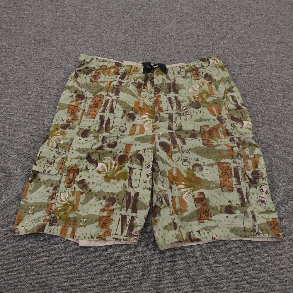 Vintage REI Swim Shorts Mens Large Green Tiki Hawaiian Print Lined Cargo‎ Y2K